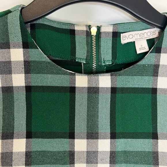 Eva Mendes Blouse Size 2 Green Plaid Puff Short Sleeve Popover Top Extra Small - Picture 5 of 10